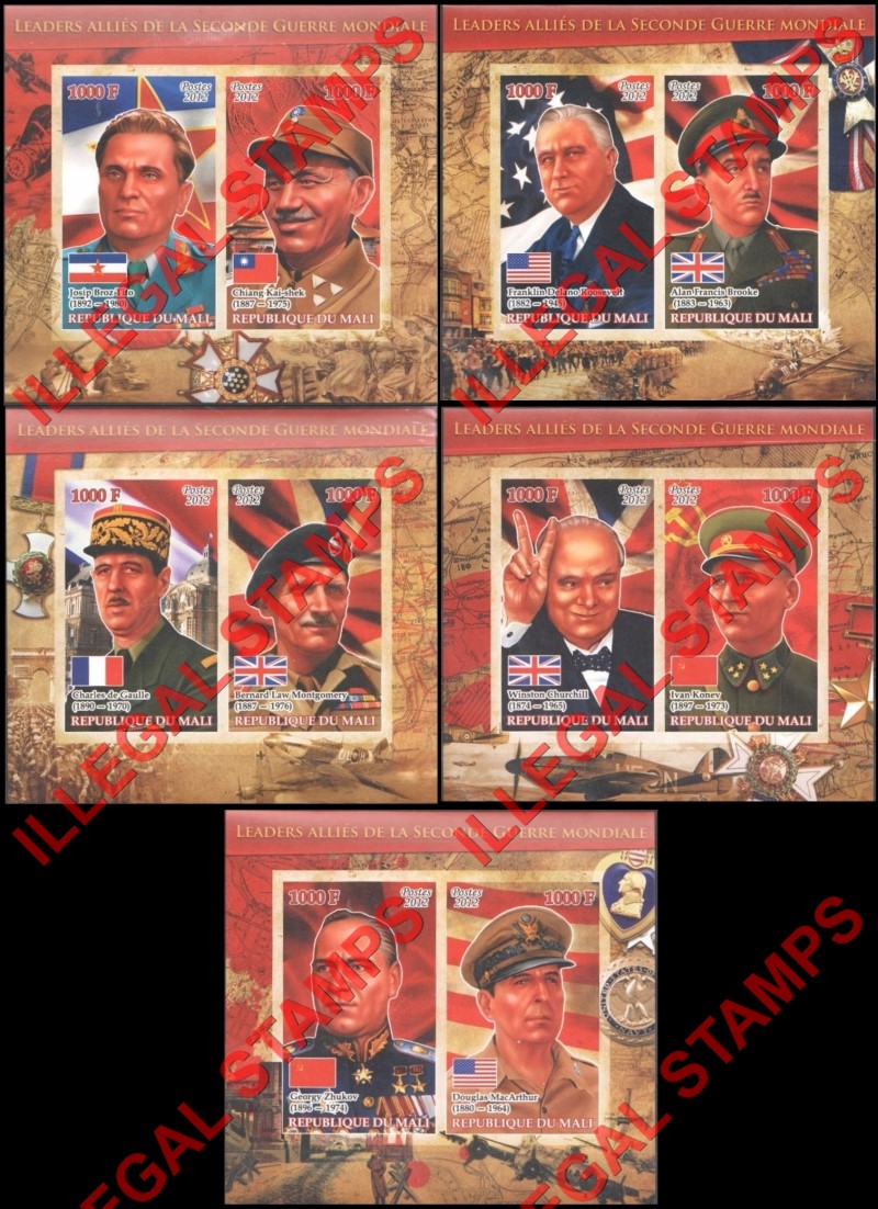 Mali 2012 World War II Allied Leaders Illegal Stamp Souvenir Sheets of 2