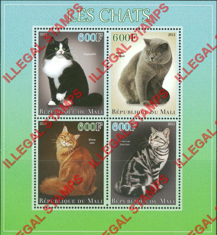 Mali 2013 Cats Illegal Stamp Souvenir Sheet of 4