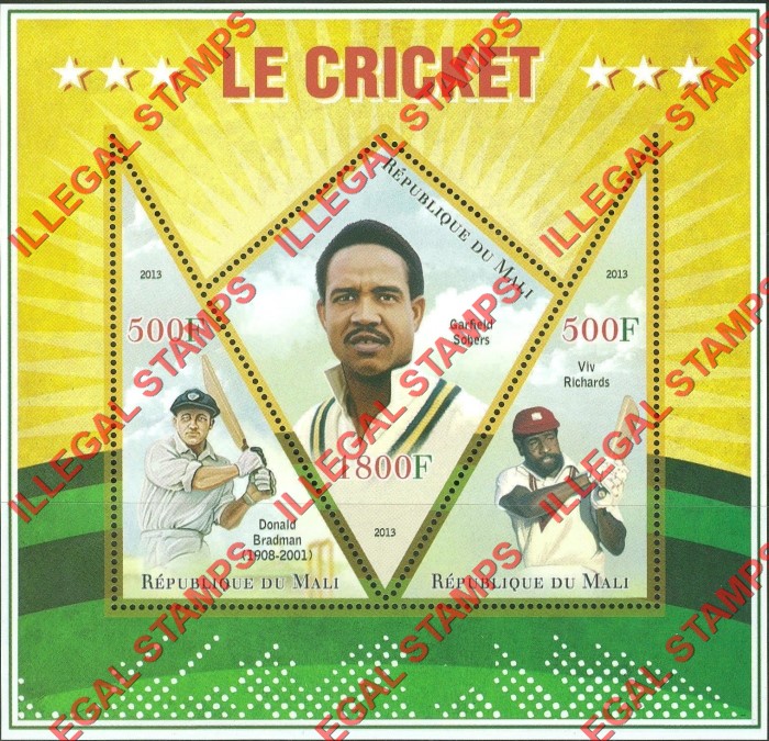 Mali 2013 Cricket Players Illegal Stamp Souvenir Sheet of 3