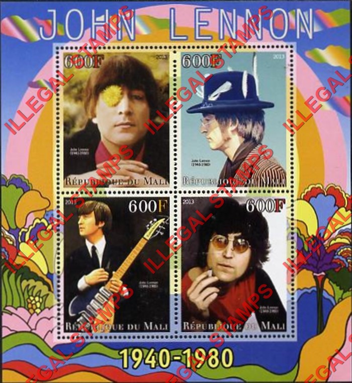 Mali 2013 John Lennon Illegal Stamp Souvenir Sheet of 4