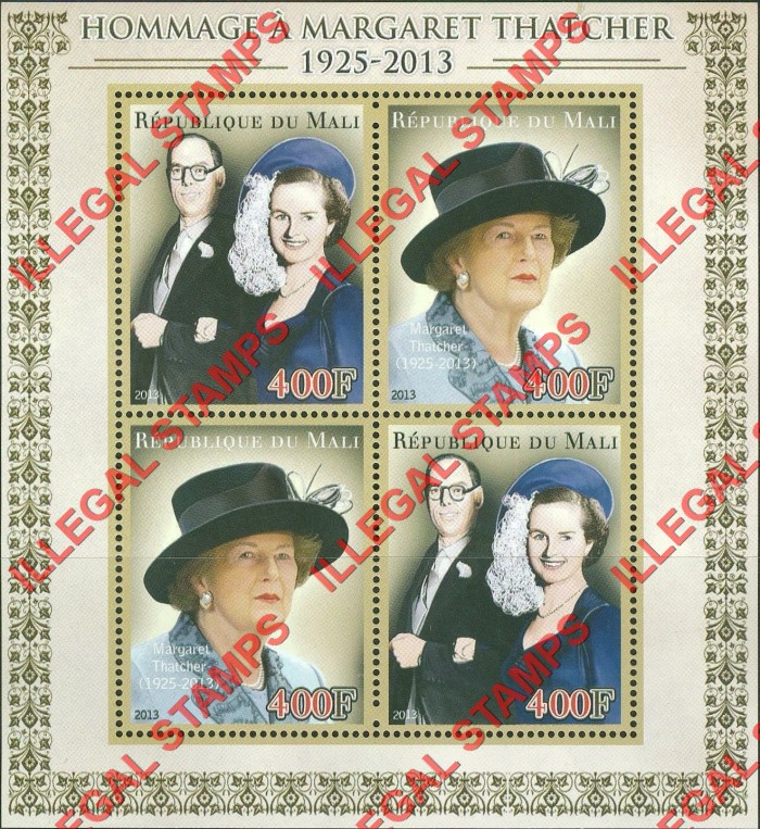 Mali 2013 Margaret Thatcher Illegal Stamp Souvenir Sheet of 4