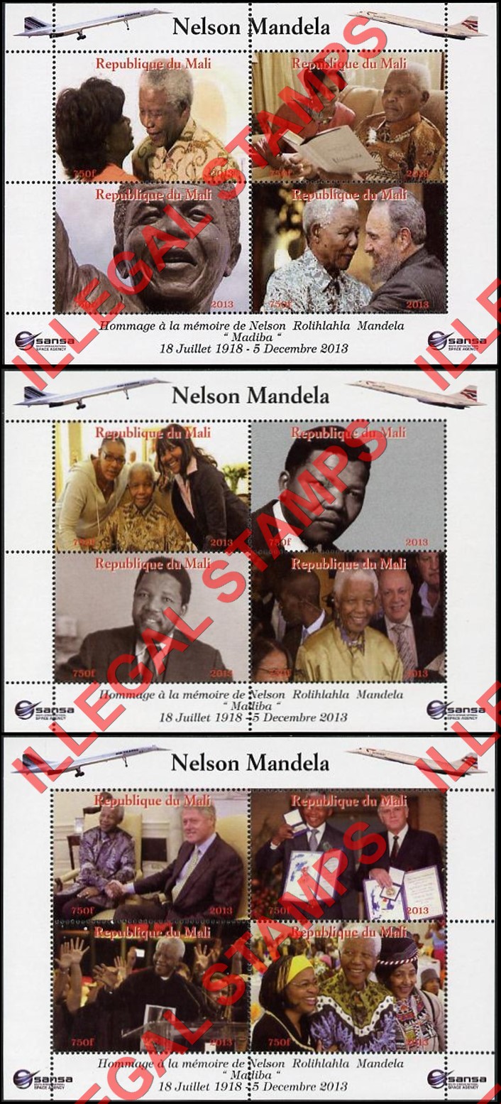 Mali 2013 Nelson Mandela with Concorde Illegal Stamp Souvenir Sheets of 4