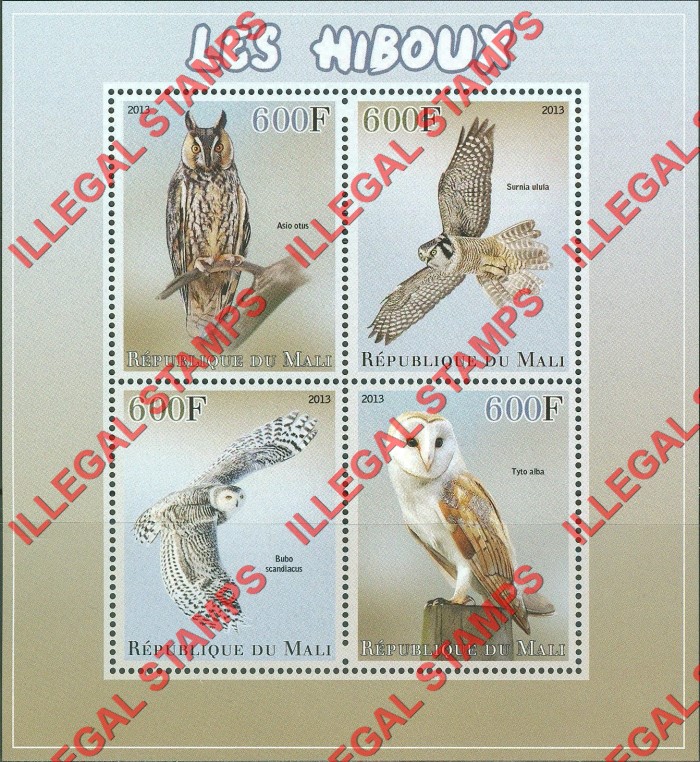 Mali 2013 Owls Illegal Stamp Souvenir Sheet of 4