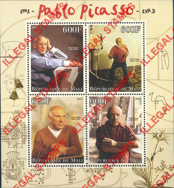Mali 2013 Picasso Illegal Stamp Souvenir Sheet of 4