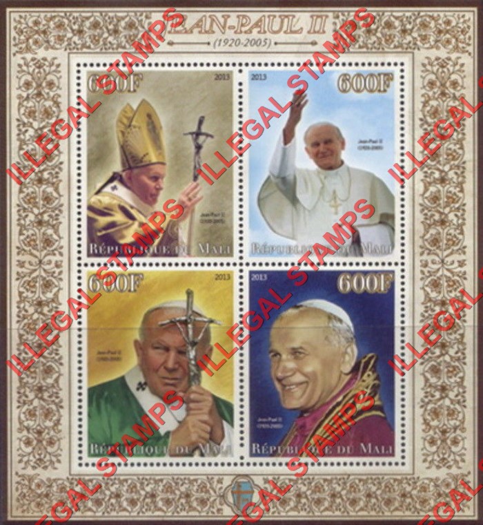 Mali 2013 Pope John Paul II Illegal Stamp Souvenir Sheet of 4