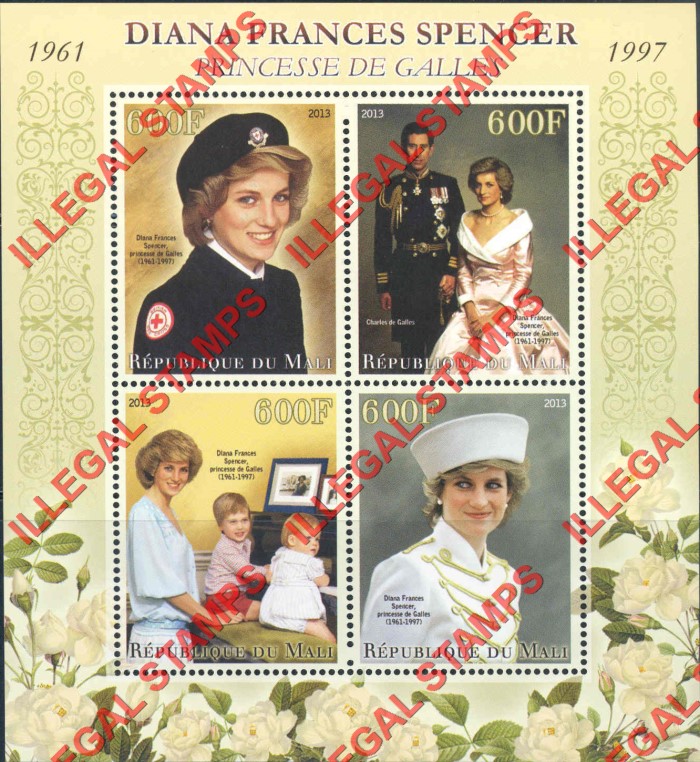 Mali 2013 Princess Diana Illegal Stamp Souvenir Sheet of 4