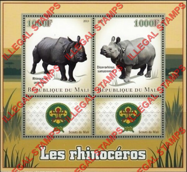 Mali 2013 Rhinoceros and Scouts Illegal Stamp Souvenir Sheet of 2