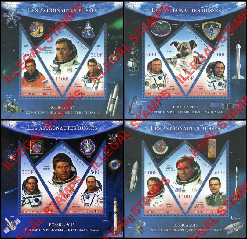 Mali 2013 Russian Astronauts Illegal Stamp Souvenir Sheets of 3 (Part 2)