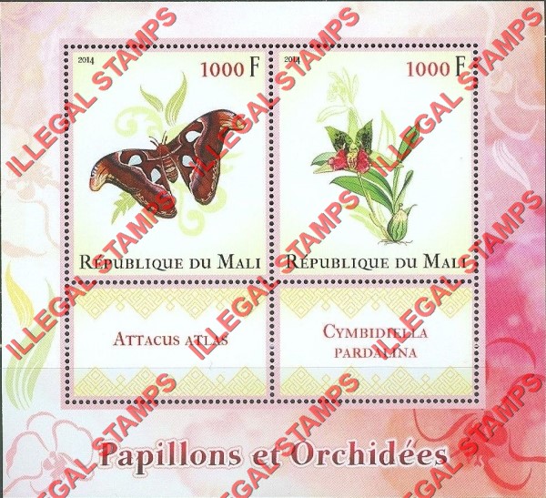Mali 2014 Butterflies and Orchids Illegal Stamp Souvenir Sheet of 2
