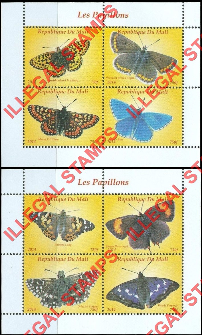 Mali 2014 Butterflies Illegal Stamp Souvenir Sheets of 4