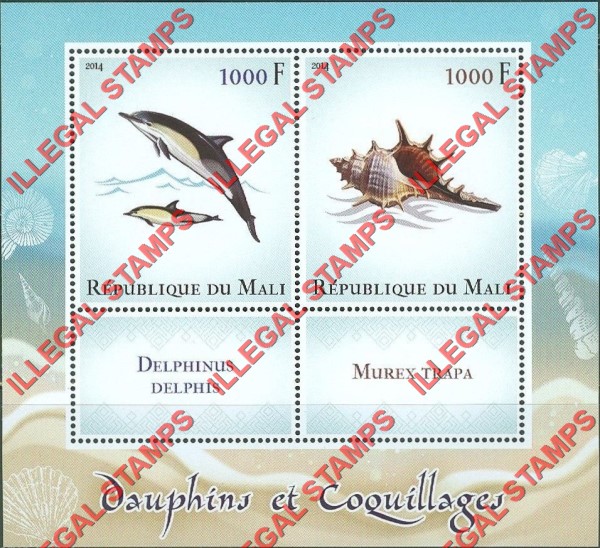 Mali 2014 Dolphins and Shells Illegal Stamp Souvenir Sheet of 2