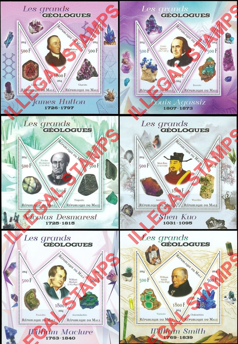 Mali 2014 Geologists and Minerals Illegal Stamp Souvenir Sheets of 3