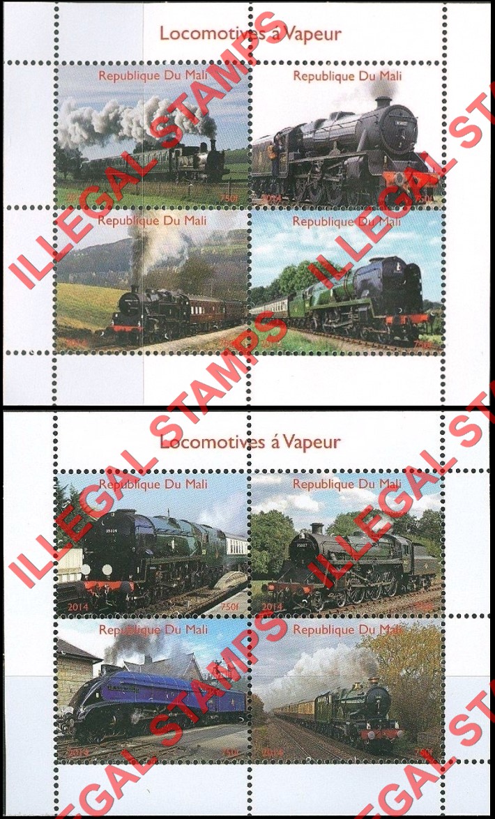 Mali 2014 Locomotives Illegal Stamp Souvenir Sheets of 4