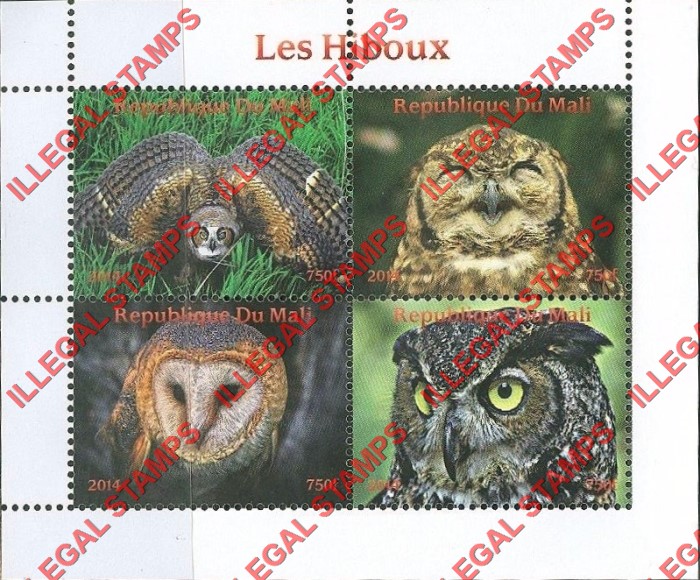 Mali 2014 Owls Illegal Stamp Souvenir Sheet of 4