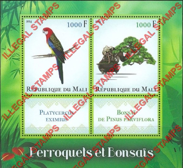 Mali 2014 Parrots and Bonzai Illegal Stamp Souvenir Sheet of 2