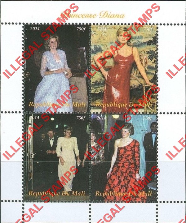 Mali 2014 Princess Diana Illegal Stamp Souvenir Sheet of 4