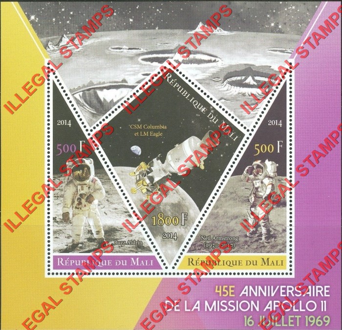 Mali 2014 Space Apollo 11 Illegal Stamp Souvenir Sheet of 3