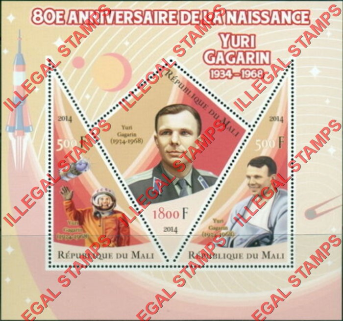 Mali 2014 Space Youri Gagarin Illegal Stamp Souvenir Sheet of 3