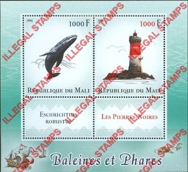 Mali 2014 Whales and Lighthouses Illegal Stamp Souvenir Sheet of 2