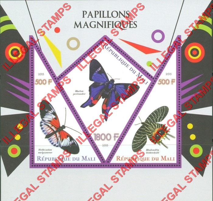 Mali 2015 Butterflies Illegal Stamp Souvenir Sheet of 3