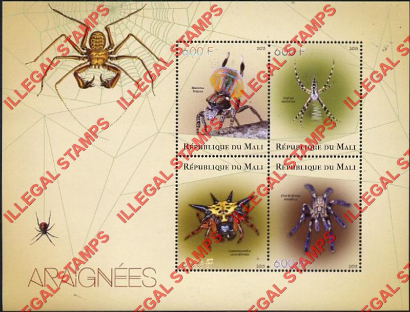 Mali 2015 Spiders Illegal Stamp Souvenir Sheet of 4