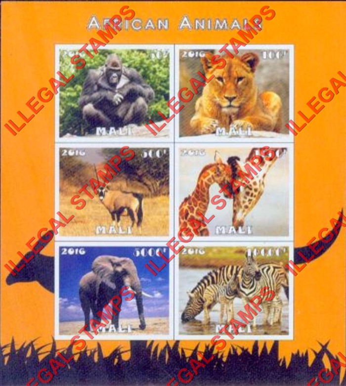 Mali 2016 African Animals Illegal Stamp Souvenir Sheet of 6