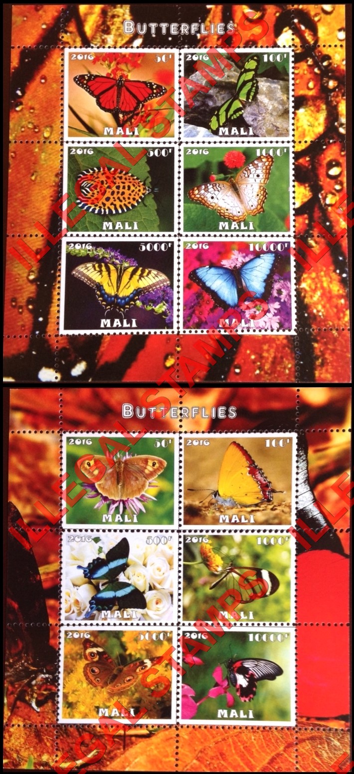 Mali 2016 Butterflies Illegal Stamp Souvenir Sheets of 6 (Part 1)