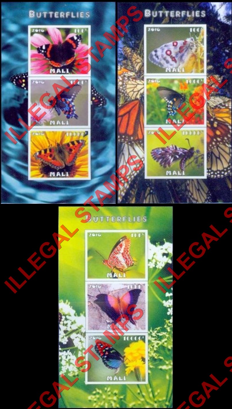 Mali 2016 Butterflies Illegal Stamp Souvenir Sheets of 3