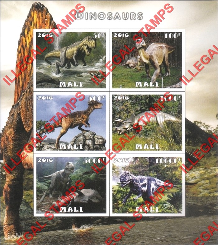 Mali 2016 Dinosaurs Illegal Stamp Souvenir Sheet of 6