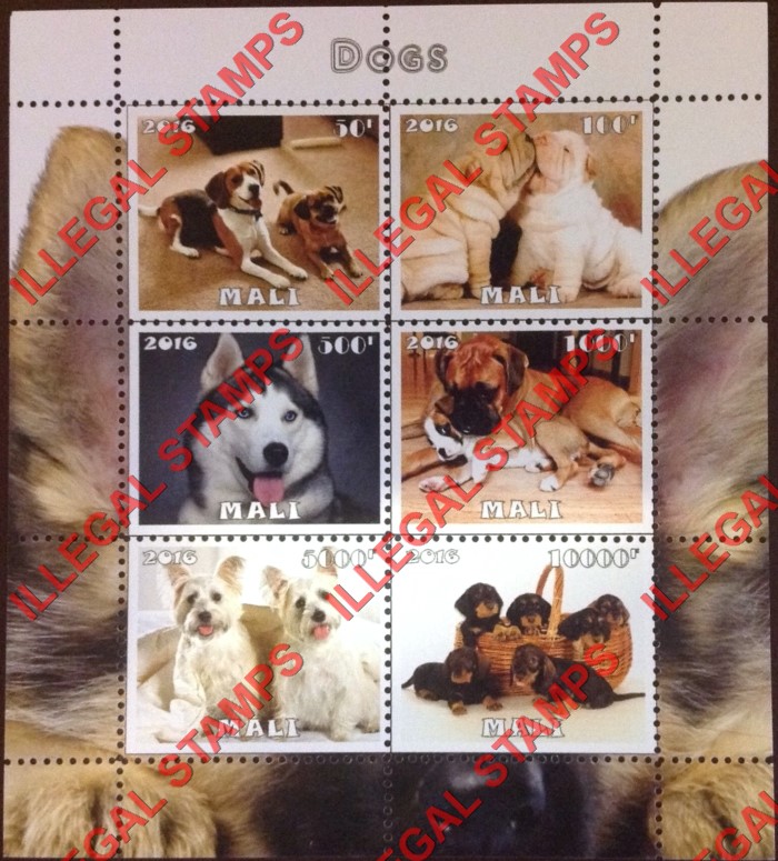 Mali 2016 Dogs Illegal Stamp Souvenir Sheet of 6