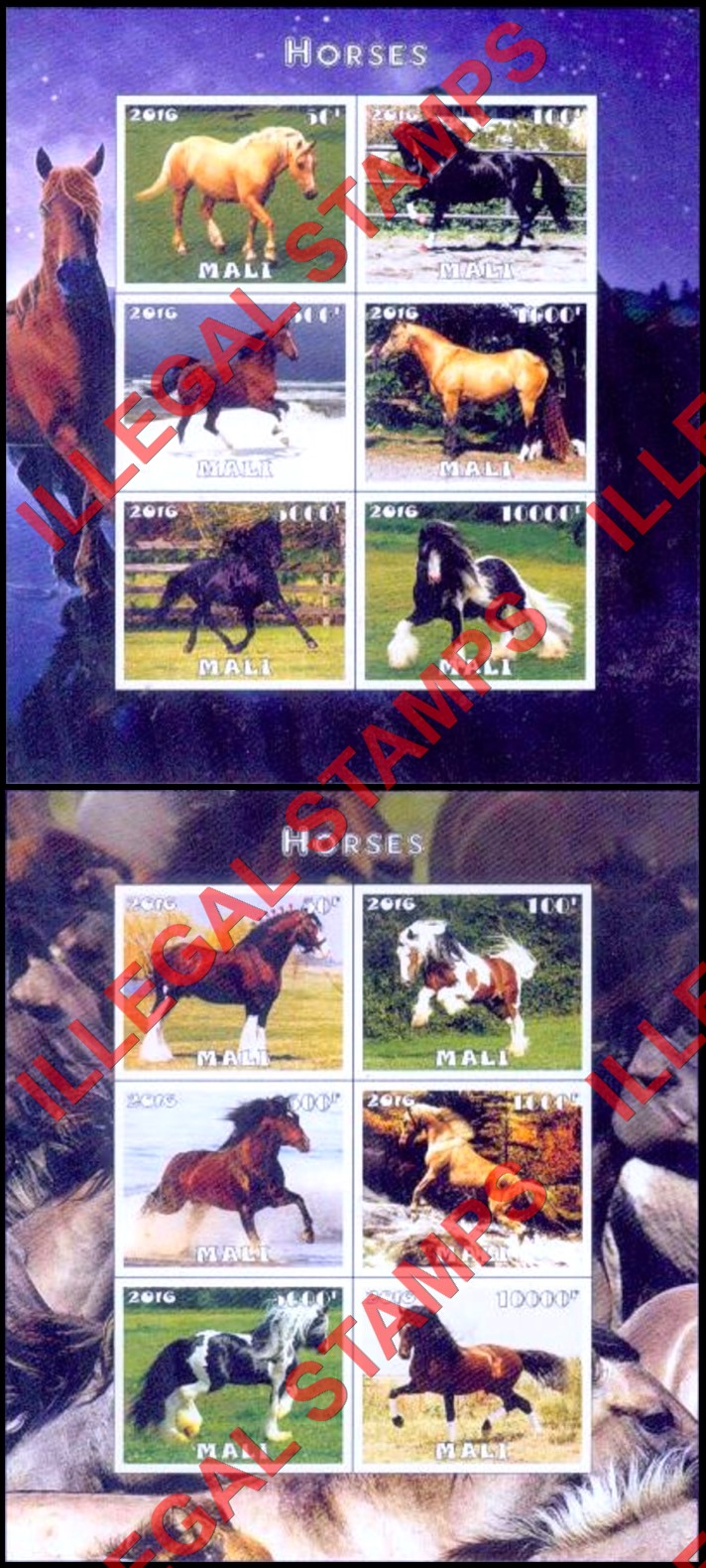Mali 2016 Horses Illegal Stamp Souvenir Sheets of 6 (Part 1)
