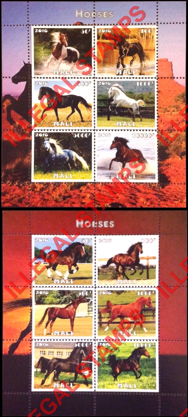 Mali 2016 Horses Illegal Stamp Souvenir Sheets of 6 (Part 2)