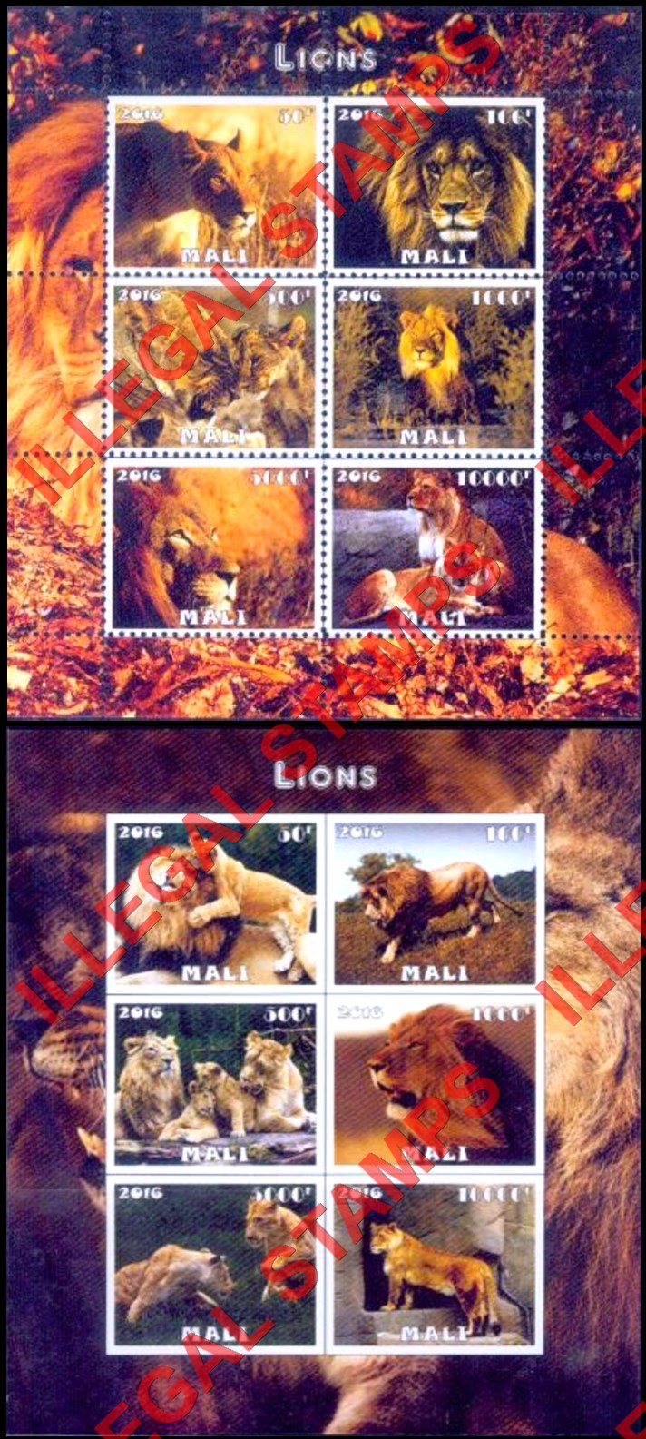 Mali 2016 Lions Illegal Stamp Souvenir Sheets of 6 (Part 1)