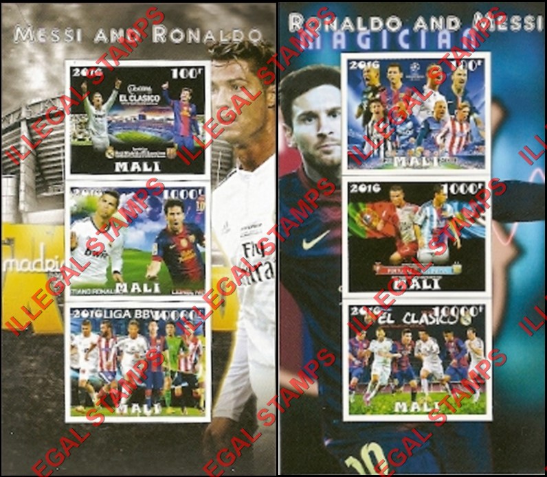 Mali 2016 Soccer Messi and Ronaldo Illegal Stamp Souvenir Sheets of 3