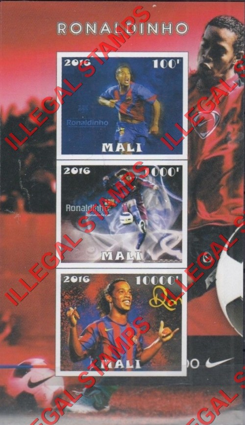 Mali 2016 Soccer Ronaldinho Illegal Stamp Souvenir Sheet of 3