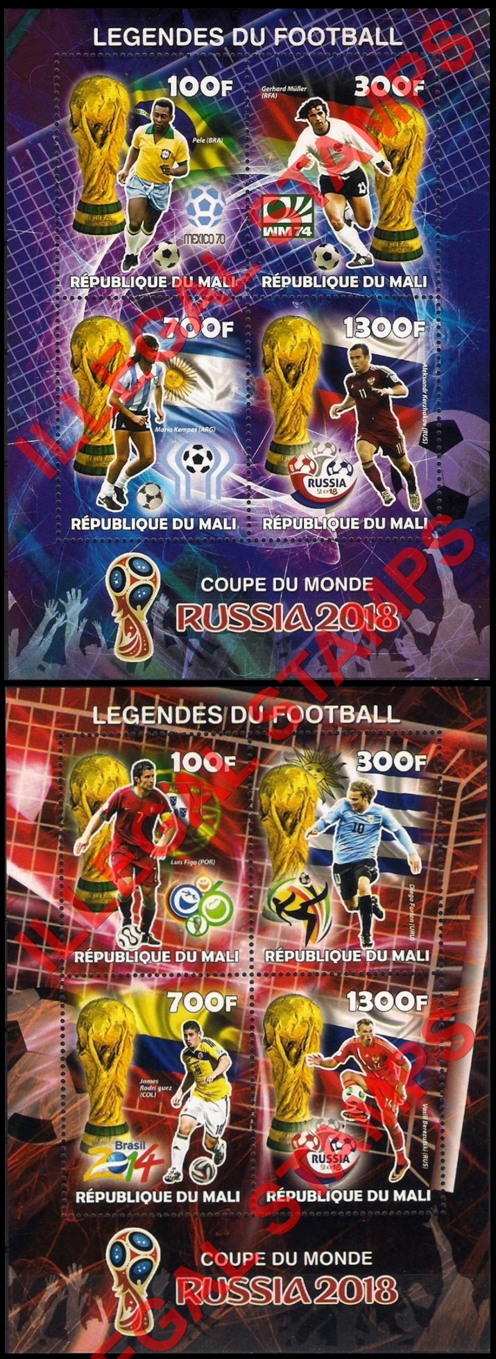 Mali 2016 Soccer World Cup Russia 2018 Legends of Football Illegal Stamp Souvenir Sheets of 4 (Part 1)