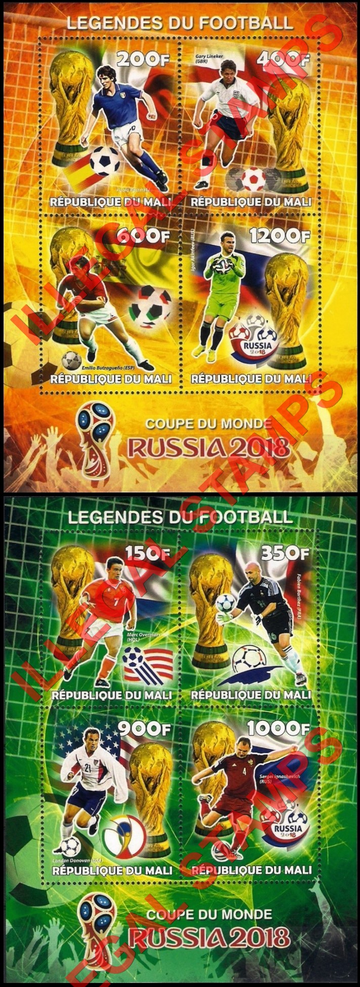 Mali 2016 Soccer World Cup Russia 2018 Legends of Football Illegal Stamp Souvenir Sheets of 4 (Part 2)