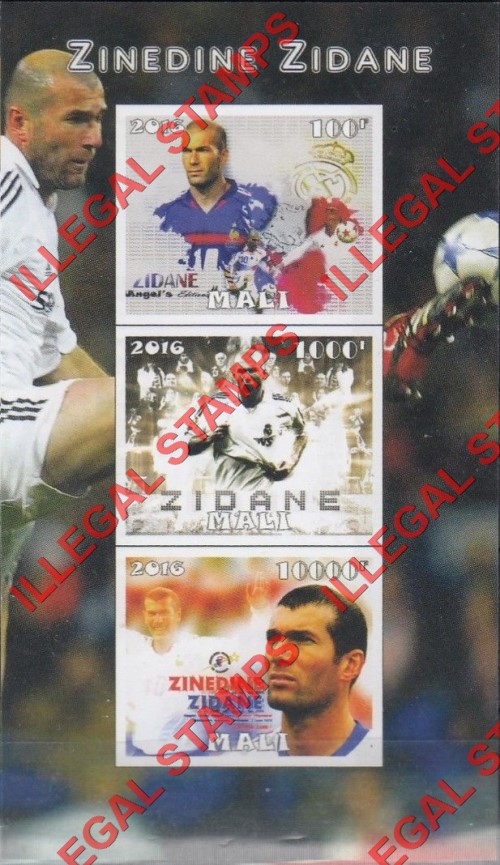 Mali 2016 Soccer Zinedine Zidane Illegal Stamp Souvenir Sheet of 3