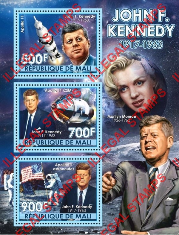Mali 2018 John F. Kennedy Illegal Stamp Souvenir Sheet of 3 with no Date
