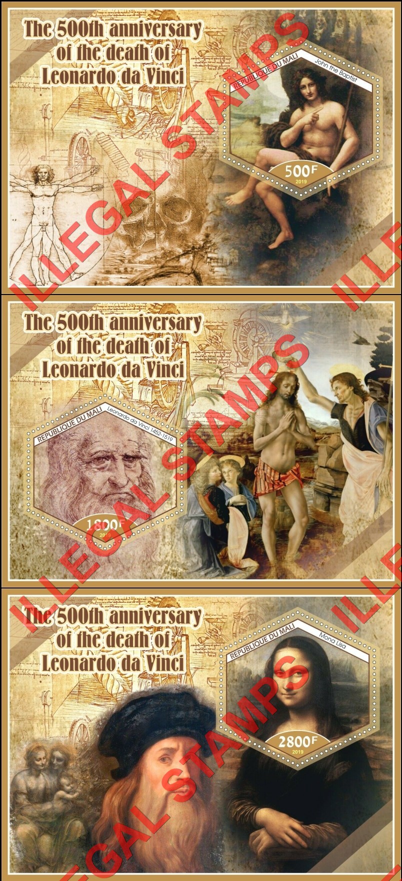 Mali 2019 Leonardo da Vinci Paintings Illegal Stamp Souvenir Sheets of 1 (Part 2)