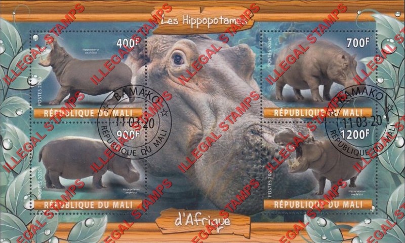 Mali 2020 Hippopotamus Illegal Stamp Souvenir Sheet of 4