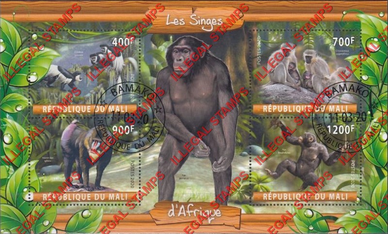 Mali 2020 Monkeys Illegal Stamp Souvenir Sheet of 4