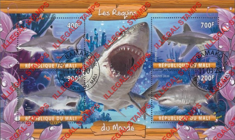 Mali 2020 Sharks Illegal Stamp Souvenir Sheet of 4