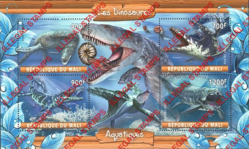 Mali 2020 Dinosaurs Aquatic Illegal Stamp Souvenir Sheet of 4