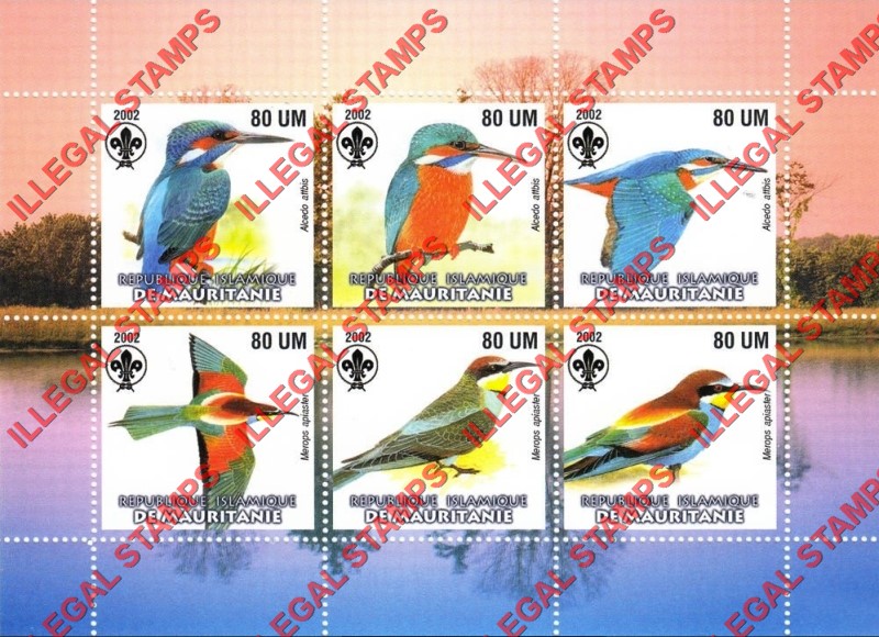 MAURITANIA 2002 Birds Kingfischers with Scouts Logo Counterfeit Illegal Stamp Souvenir Sheet of 6