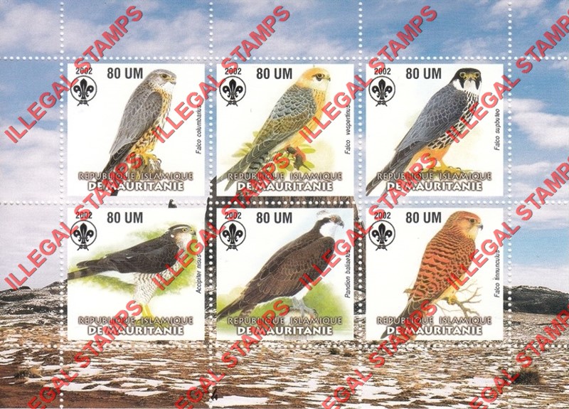 MAURITANIA 2002 Birds of Prey with Scouts Logo Counterfeit Illegal Stamp Souvenir Sheet of 6 (Sheet 2)