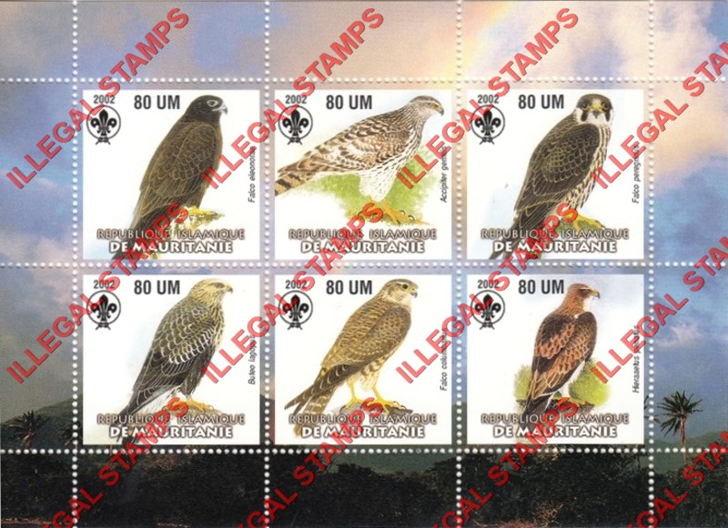 MAURITANIA 2002 Birds of Prey with Scouts Logo Counterfeit Illegal Stamp Souvenir Sheet of 6 (Sheet 3)