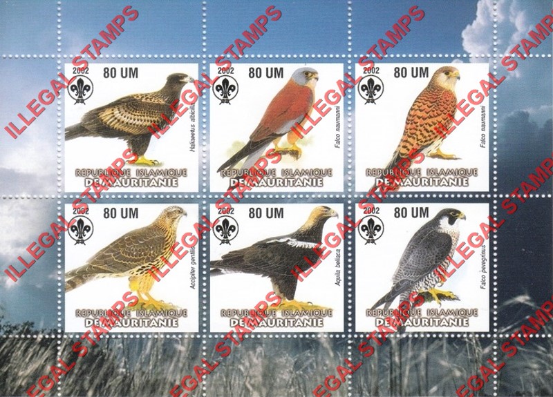 MAURITANIA 2002 Birds of Prey with Scouts Logo Counterfeit Illegal Stamp Souvenir Sheet of 6 (Sheet 4)