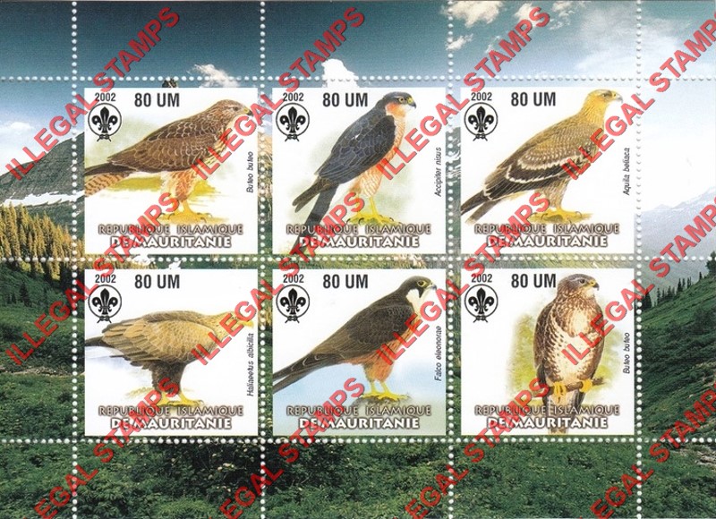 MAURITANIA 2002 Birds of Prey with Scouts Logo Counterfeit Illegal Stamp Souvenir Sheet of 6 (Sheet 5)
