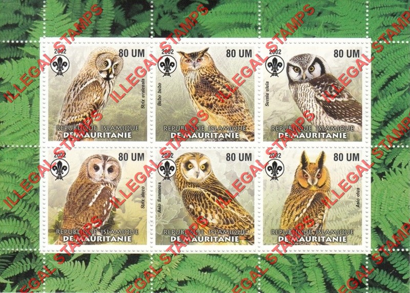 MAURITANIA 2002 Birds of Prey with Scouts Logo Counterfeit Illegal Stamp Souvenir Sheet of 6 (Sheet 6)